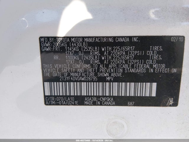 Aukcja sprzedaży 2010 Toyota Rav4 Limited, vin: 2T3YF4DV0AW028795, numer aukcji: 46370468