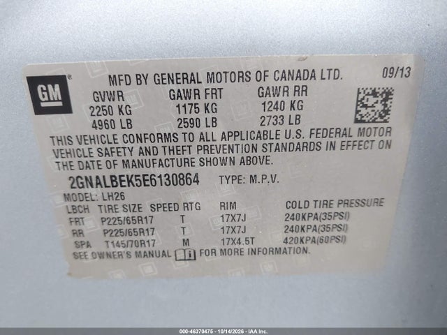 2014 Chevrolet Equinox 1lt მანქანა იყიდება აუქციონზე, vin: 2GNALBEK5E6130864, აუქციონის ნომერი: 46370475
