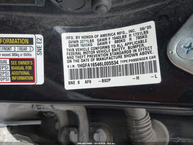 Auction sale of the 2006 Honda Civic Lx, vin: 1HGFA16546L005534, lot number: 46370489
