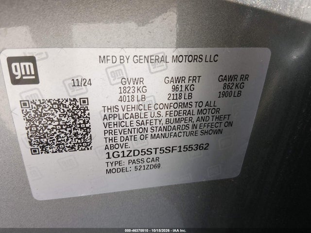 Aukcja sprzedaży 2025 Chevrolet Malibu Fwd 1lt, vin: 1G1ZD5ST5SF155362, numer aukcji: 46370510