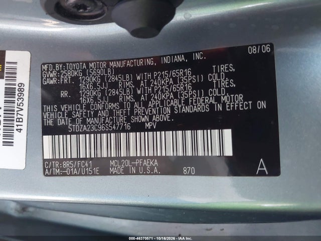 46370571 :رقم المزاد ، 5TDZA23C96S547716 vin ، 2006 Toyota Sienna Le مزاد بيع