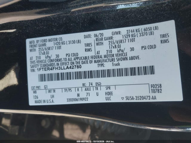 Продаж на аукціоні авто 2020 Ford Ranger Xlt, vin: 1FTER4FH3LLA42780, номер лоту: 46370573