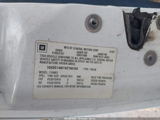 1997 Chevrolet C1500 Fleetside მანქანა იყიდება აუქციონზე, vin: 1GCEC14W1VZ166354, აუქციონის ნომერი: 46370599