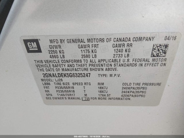 Aukcja sprzedaży 2016 Chevrolet Equinox Ltz, vin: 2GNALDEK5G6325247, numer aukcji: 46370608