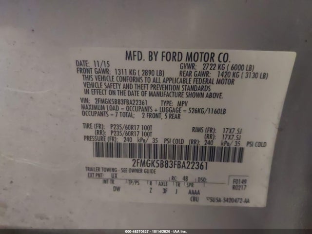 Продажа на аукционе авто 2015 Ford Flex Se, vin: 2FMGK5B83FBA22361, номер лота: 46370627