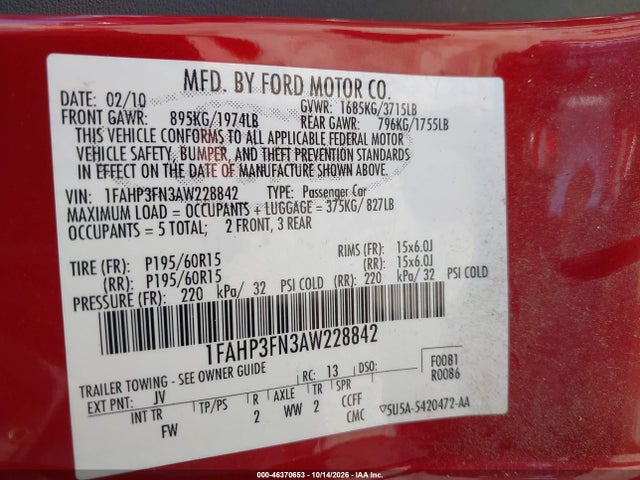 2010 Ford Focus Se მანქანა იყიდება აუქციონზე, vin: 1FAHP3FN3AW228842, აუქციონის ნომერი: 46370653