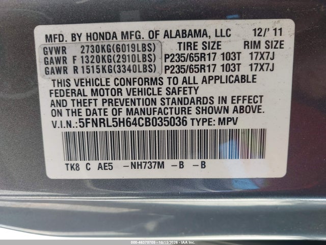 Aukcja sprzedaży 2012 Honda Odyssey Ex-l, vin: 5FNRL5H64CB035036, numer aukcji: 46370705