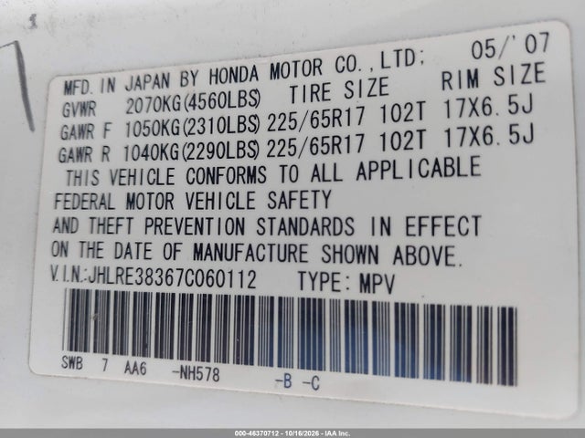 Продажа на аукционе авто 2007 Honda Cr-v Lx, vin: JHLRE38367C060112, номер лота: 46370712