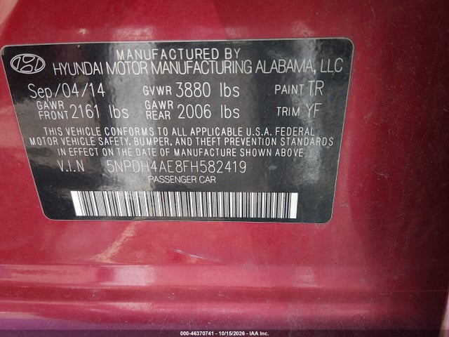 Продаж на аукціоні авто 2015 Hyundai Elantra Se, vin: 5NPDH4AE8FH582419, номер лоту: 46370741