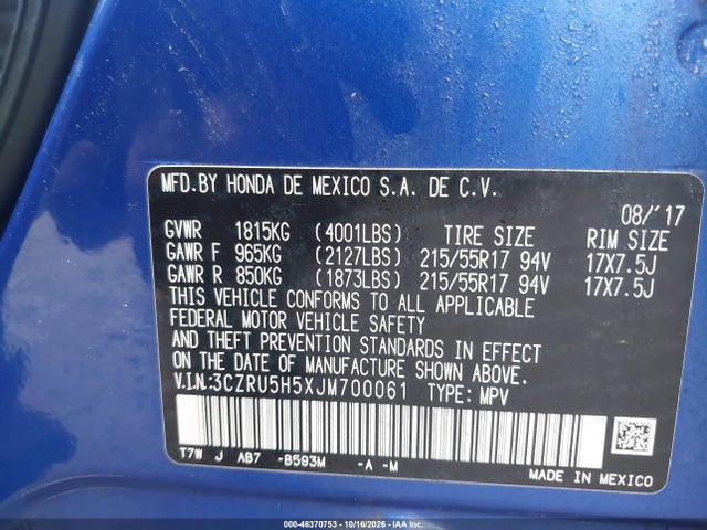 46370753 :رقم المزاد ، 3CZRU5H5XJM700061 vin ، 2018 Honda Hr-v Ex مزاد بيع
