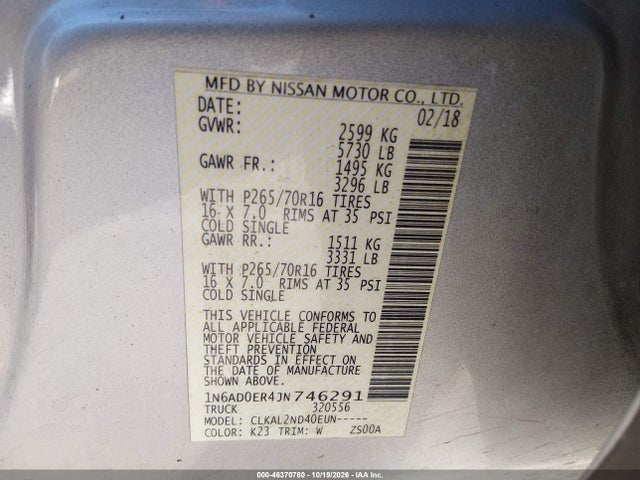 Aukcja sprzedaży 2018 Nissan Frontier Sv, vin: 1N6AD0ER4JN746291, numer aukcji: 46370780