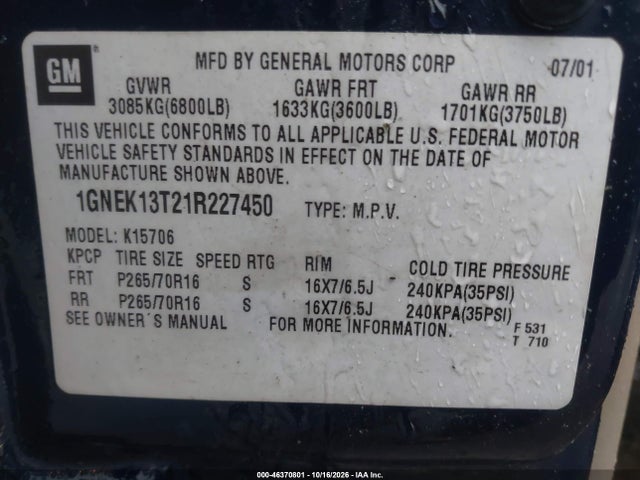 Aukcja sprzedaży 2001 Chevrolet Tahoe Ls, vin: 1GNEK13T21R227450, numer aukcji: 46370801