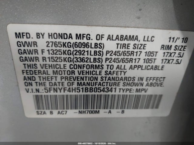 Продажа на аукционе авто 2011 Honda Pilot Ex-l, vin: 5FNYF4H51BB054341, номер лота: 46370802
