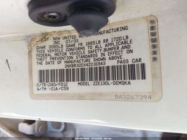 Aukcja sprzedaży 2004 Toyota Corolla S, vin: 1NXBR32EX4Z216943, numer aukcji: 46370825