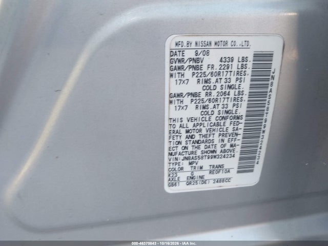 46370843 :رقم المزاد ، JN8AS58T99W324234 vin ، 2009 Nissan Rogue Sl مزاد بيع