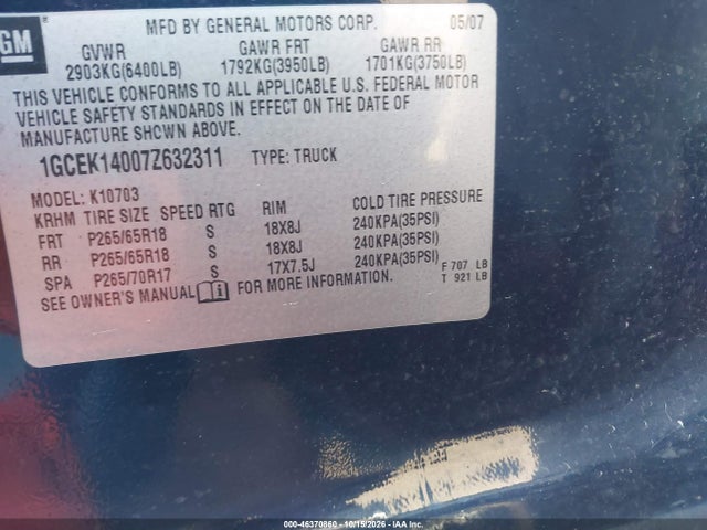 46370860 :رقم المزاد ، 1GCEK14007Z632311 vin ، 2007 Chevrolet Silverado 1500 Lt1 مزاد بيع