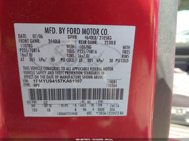 Продажа на аукционе авто 2007 Ford Escape Limited, vin: 1FMYU94157KA61997, номер лота: 46370874