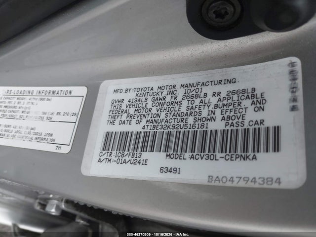 Aukcja sprzedaży 2002 Toyota Camry Le, vin: 4T1BE32K92U516181, numer aukcji: 46370909
