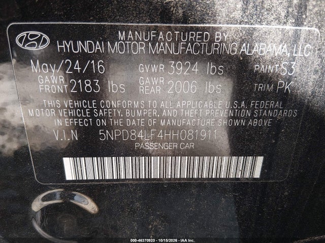 Aukcja sprzedaży 2017 Hyundai Elantra Se, vin: 5NPD84LF4HH081911, numer aukcji: 46370923
