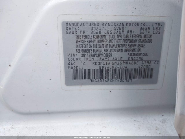 2017 Nissan Sentra Sr მანქანა იყიდება აუქციონზე, vin: 3N1AB7APXHY400929, აუქციონის ნომერი: 46370962