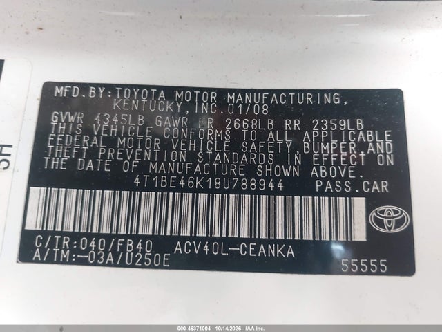 46371004 :رقم المزاد ، 4T1BE46K18U788944 vin ، 2008 Toyota Camry Le مزاد بيع
