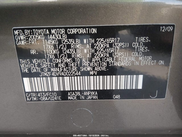 Продаж на аукціоні авто 2010 Toyota Rav4, vin: JTMZF4DV9AD022544, номер лоту: 46371064