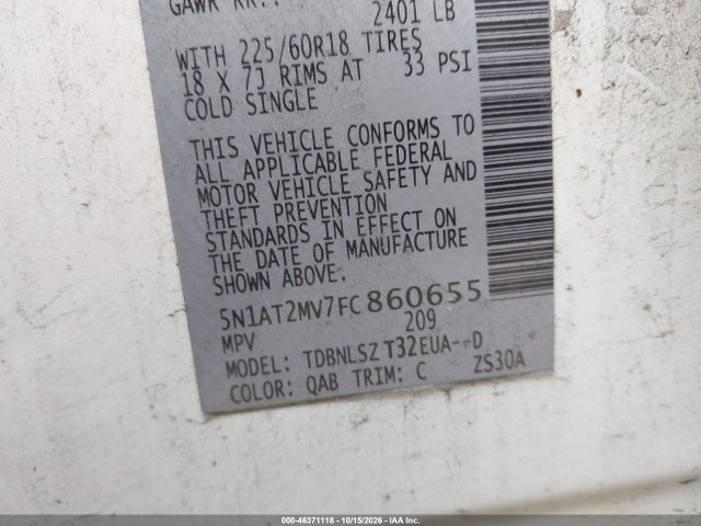 46371118 :رقم المزاد ، 5N1AT2MV7FC860655 vin ، 2015 Nissan Rogue Sl مزاد بيع
