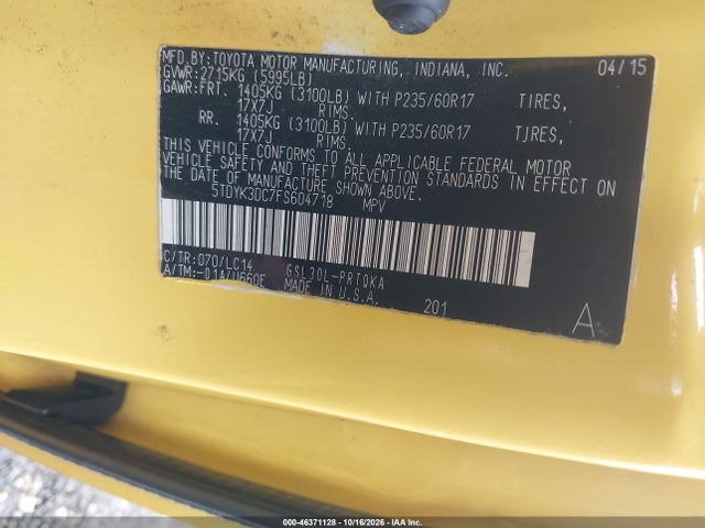 Aukcja sprzedaży 2015 Toyota Sienna Xle 8 Passenger, vin: 5TDYK3DC7FS604718, numer aukcji: 46371128