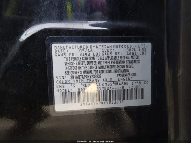46371132 :رقم المزاد ، 3N1AB7AP4KY233832 vin ، 2019 Nissan Sentra S مزاد بيع