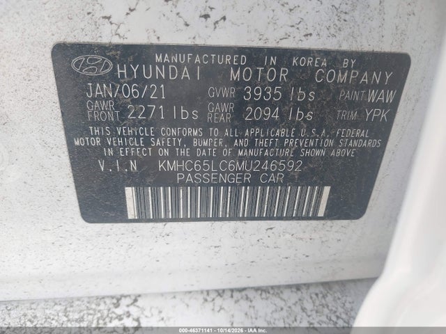 Aukcja sprzedaży 2021 Hyundai Ioniq Hybrid Blue, vin: KMHC65LC6MU246592, numer aukcji: 46371141