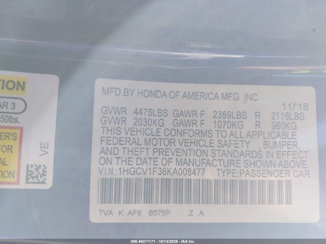 Продаж на аукціоні авто 2019 Honda Accord Sport, vin: 1HGCV1F36KA008477, номер лоту: 46371171
