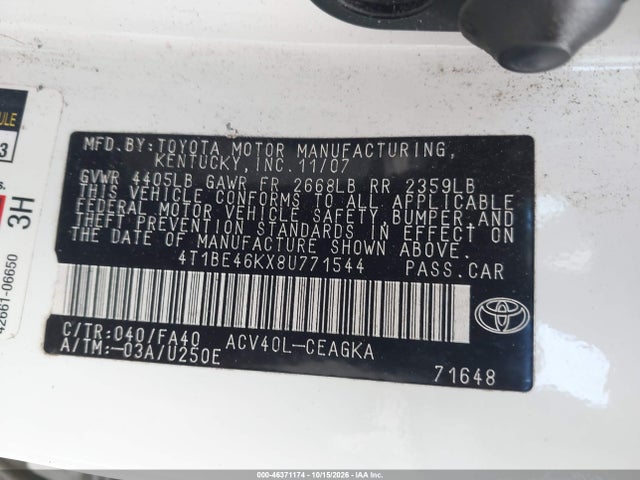 2008 Toyota Camry Xle მანქანა იყიდება აუქციონზე, vin: 4T1BE46KX8U771544, აუქციონის ნომერი: 46371174