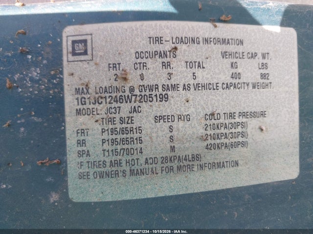 46371234 :رقم المزاد ، 1G1JC1246W7205199 vin ، 1998 Chevrolet Cavalier Base Cmi مزاد بيع