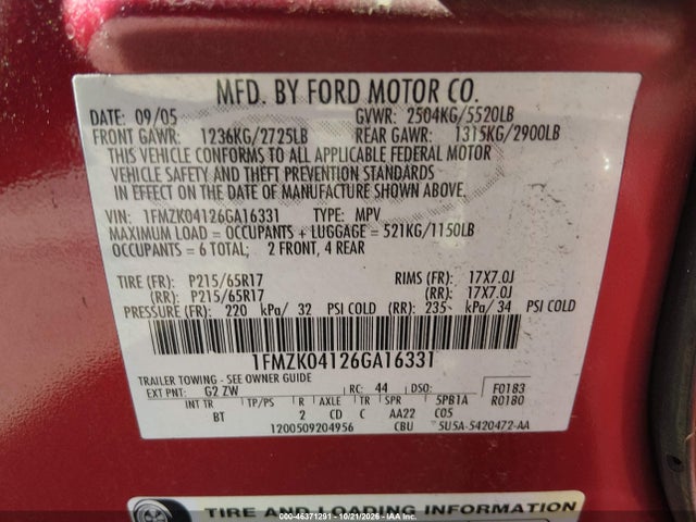 Продажа на аукционе авто 2006 Ford Freestyle Se, vin: 1FMZK04126GA16331, номер лота: 46371291