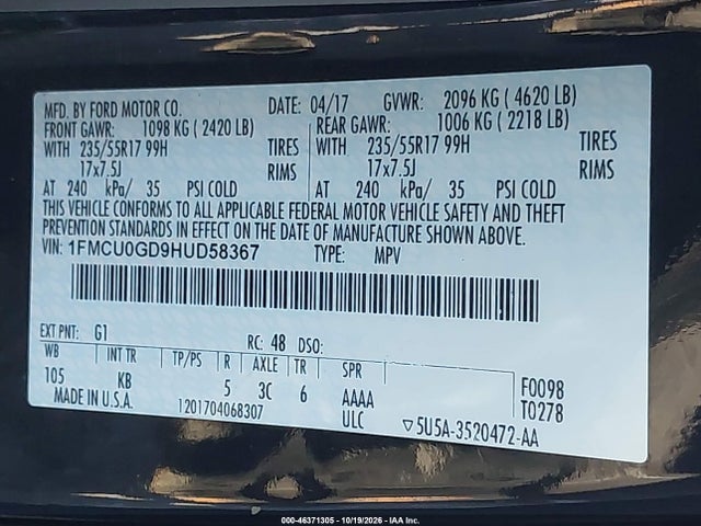Продаж на аукціоні авто 2017 Ford Escape Se, vin: 1FMCU0GD9HUD58367, номер лоту: 46371305