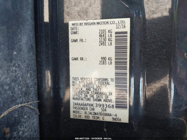 2017 Nissan Maxima 3.5 S მანქანა იყიდება აუქციონზე, vin: 1N4AA6APXHC399368, აუქციონის ნომერი: 46371328