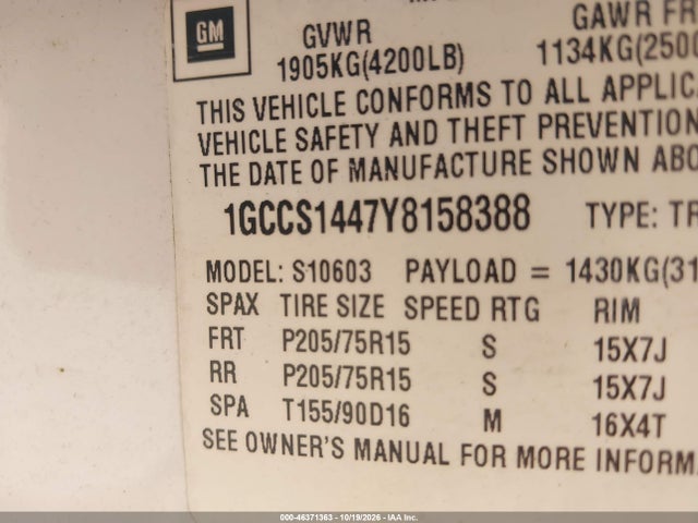 Aukcja sprzedaży 2000 Chevrolet S Truck S10, vin: 1GCCS1447Y8158388, numer aukcji: 46371363