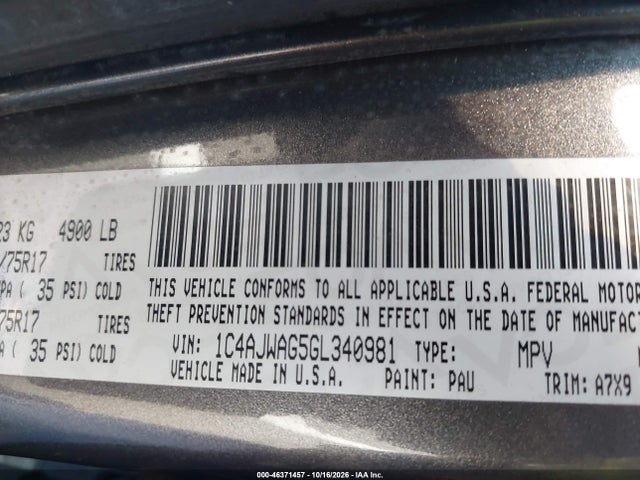 Продаж на аукціоні авто 2016 Jeep Wrangler Sport, vin: 1C4AJWAG5GL340981, номер лоту: 46371457