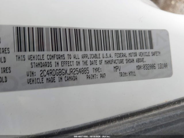 46371555 :رقم المزاد ، 2C4RDGBGXJR254885 vin ، 2018 Dodge Grand Caravan Se مزاد بيع