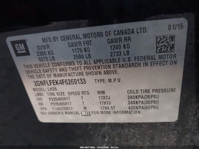 Продажа на аукционе авто 2015 Chevrolet Equinox 1lt, vin: 2GNFLFEK4F6260133, номер лота: 46371664