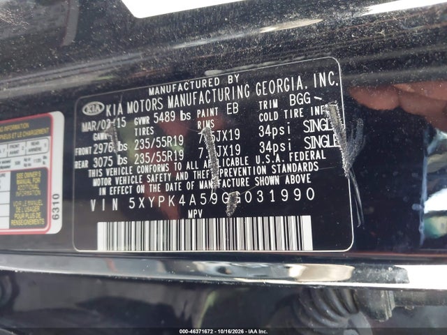 46371672 :رقم المزاد ، 5XYPK4A59GG031990 vin ، 2016 Kia Sorento 3.3l Sx مزاد بيع