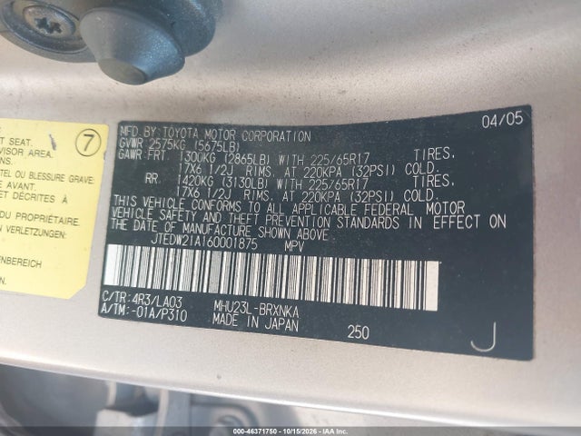 2006 Toyota Highlander Hybrid Limited V6 მანქანა იყიდება აუქციონზე, vin: JTEDW21A160001875, აუქციონის ნომერი: 46371750
