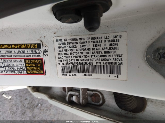 46371757 :رقم المزاد ، 19XFA4F54AE000402 vin ، 2010 Honda Civic Gx مزاد بيع