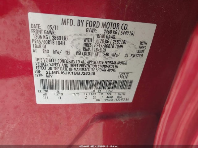 Продажа на аукционе авто 2011 Lincoln Mkx, vin: 2LMDJ6JK1BBJ28346, номер лота: 46371862