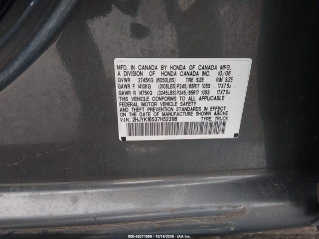 Aukcja sprzedaży 2007 Honda Ridgeline Rtl, vin: 2HJYK16537H523116, numer aukcji: 46371909