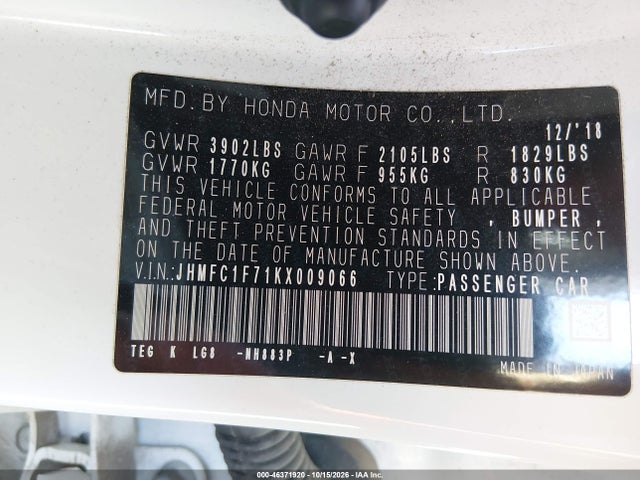 2019 Honda Civic Ex-l მანქანა იყიდება აუქციონზე, vin: JHMFC1F71KX009066, აუქციონის ნომერი: 46371920