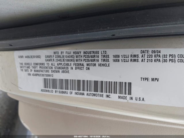 2005 Subaru Outback 2.5i Limited მანქანა იყიდება აუქციონზე, vin: 4S4BP62C357339912, აუქციონის ნომერი: 46371994
