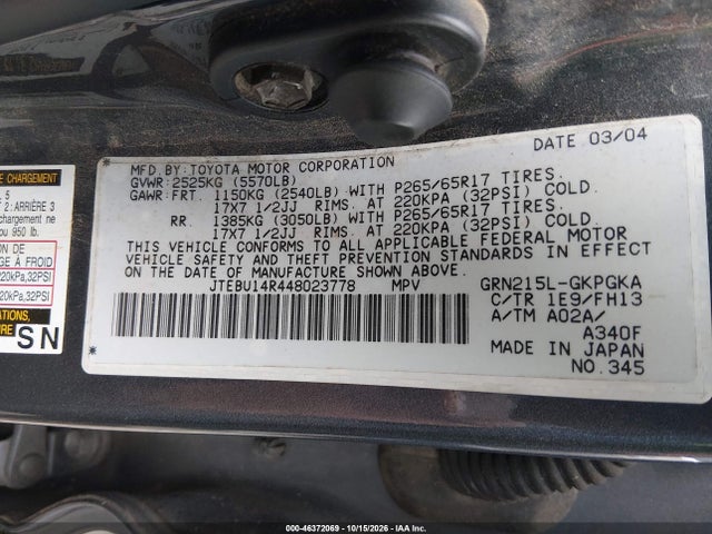 Aukcja sprzedaży 2004 Toyota 4runner Sr5 Sport V6, vin: JTEBU14R448023778, numer aukcji: 46372069