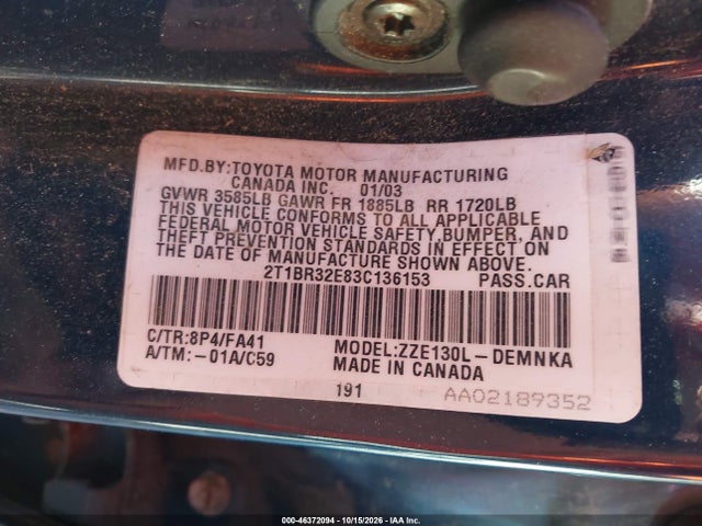 Продаж на аукціоні авто 2003 Toyota Corolla Le, vin: 2T1BR32E83C136153, номер лоту: 46372094