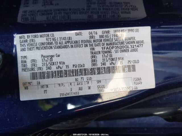 Aukcja sprzedaży 2016 Ford Focus Titanium, vin: 1FADP3N20GL321477, numer aukcji: 46372129